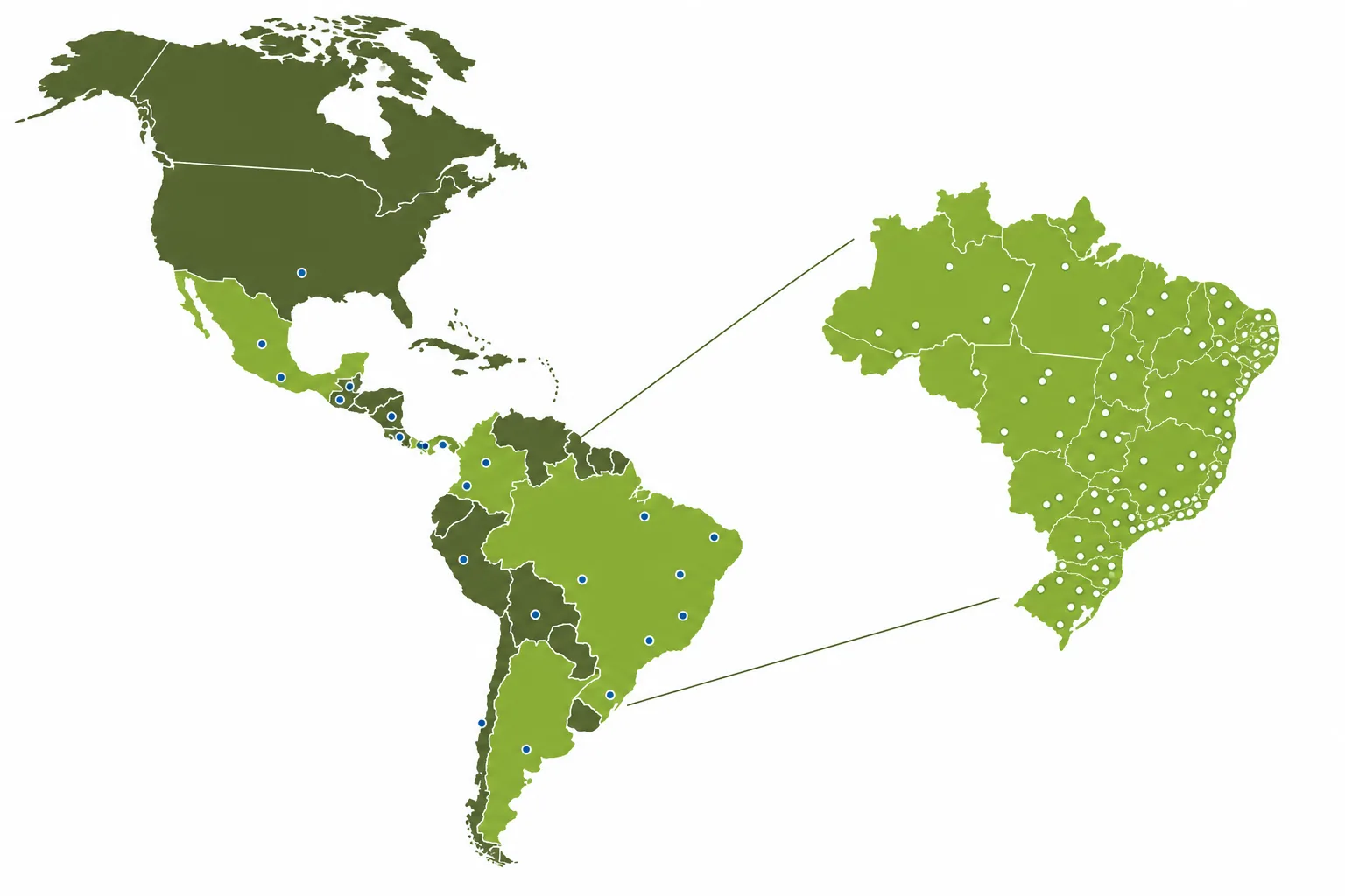 Mapa de atuação da Agrocete nas Américas