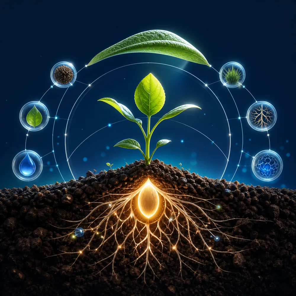 Ilustração do ecossistema de soluções da semente à planta